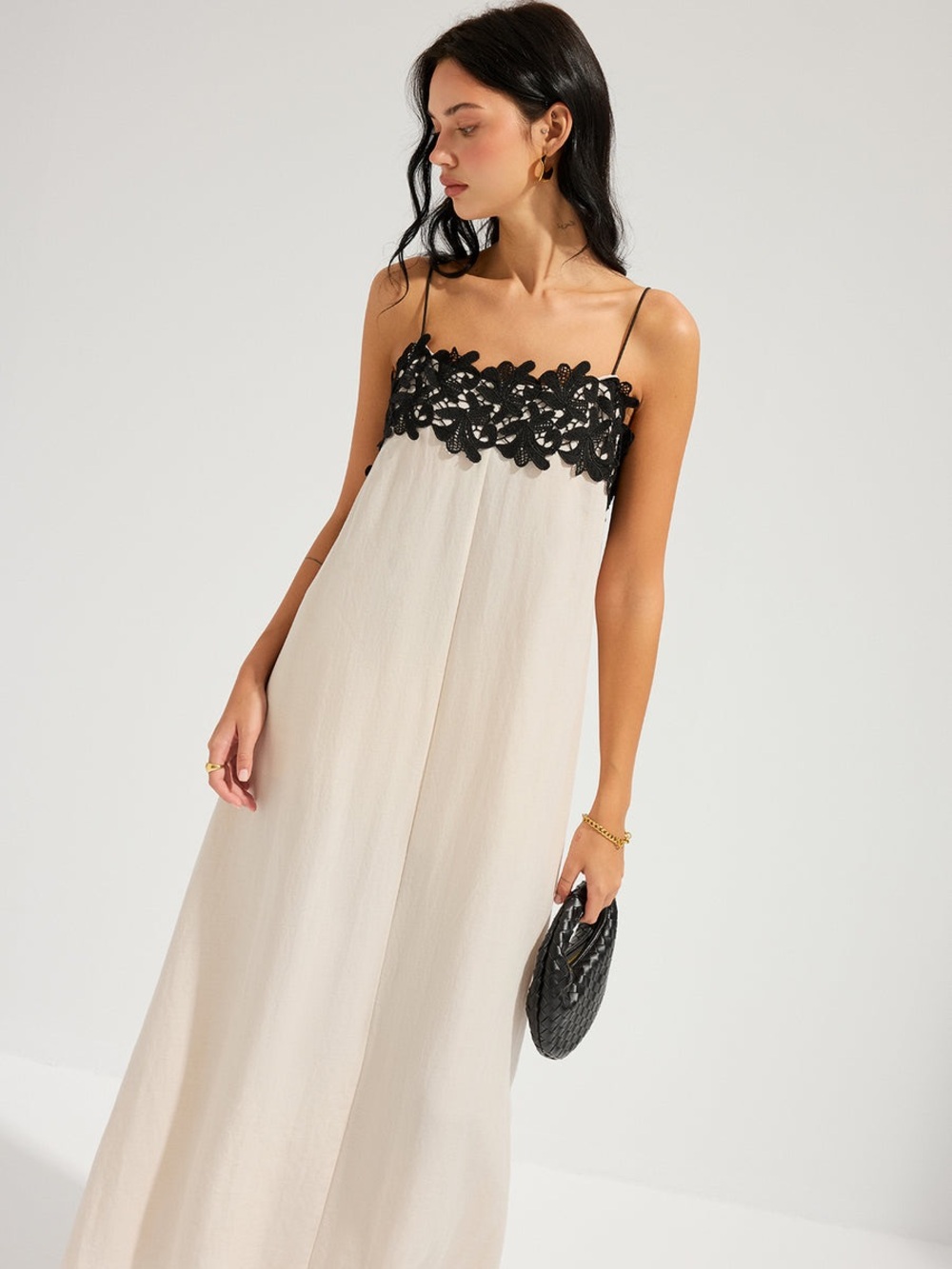 Commense Lace Trim Linen-Blend Cami Maxi Dress NWT